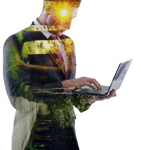 double exposure business man who working laptop computer alley with trees sunrise 555x592